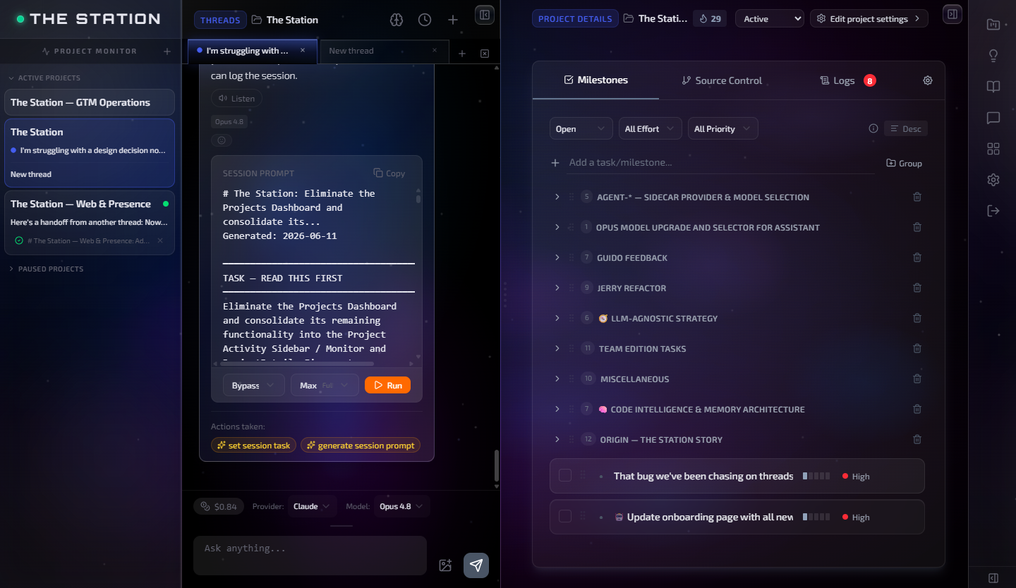 the Station console showing project threads, milestones, and a live session prompt